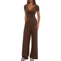 Detail of deep brown V-neck short sleeve top and high waist wide leg pants set - XS / T-Shirts / Coffee