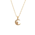 Vintage 18K gold plated moon necklace with crystal heart pendant and fine link chain - Cute Micro-pave Crescent Heart Pendant Necklace - Gold - Creamy White Heart