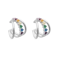 Detail of double-layer silver ear cuffs featuring rainbow zircon stones in prong settings - Double Layer Ear Cuff / Silver Rainbow