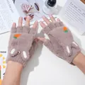 Brown fluffy rabbit mittens with carrot embroidery and convertible flip-top design - One Size / Khaki (Large Carrot)