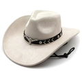 Beige western cowboy felt hat with silver bull head leather band and wind rope - M(56-58cm) / Beige