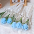 Blue handmade chenille tulip flower with green stem in clear wrap and white ribbon - Finished Light Blue Tulip