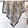Detailed close-up of a 90x90cm silk scarf with vintage rabbit and floral patterns - Black White Grey Rabbit Retro Flower (FN130-4)