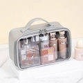 Tragbare transparente PVC-Kulturtasche mit silbernem Kunstlederbesatz und festem Griff - Groß / Silber