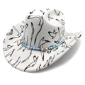 White western cowboy hat with black bird print and beaded starfish headband decoration - Flat Top White (Seagull Print)
