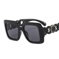 Chic oversized square sunglasses in glossy black with gold chain and greek key temple details - Black Frame Grey Lens