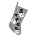 Gray felt Christmas stocking featuring three smiling snowmen with black hats and stars - Snowman / Gray
