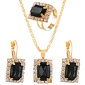 Golden jewelry set with rectangular black gemstone pendant, ring and earrings - KC Gold Black Style (7271)