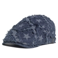 Casquette gavroche en denim bleu avec étoiles effilochées et boucle de réglage en métal - Bleu foncé
