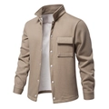 Close-up of khaki waffle knit fabric texture on men's jacket with metal snap button and pocket - S / Khaki