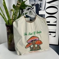 Bolso tote de nailon blanco roto con bordado de hongo verde y asas de cuerda - Gris Claro [hongo] / Bolsa De Compras Grande (una Sola Toma) Sin Correa Para El Hombro