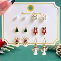 6-pair Christmas stud earrings set featuring reindeer, Santa, and tree on a card - Reindeer and Angel Combo Style (7375)