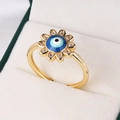Bague fleur œil maléfique dorée avec pierres bleues et cristaux en boîte blanche - Ouvert Réglable / Forme de Fleur Mauvais Œil (Style 1)