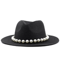 Elegant black straw hat with decorative large faux pearl chain band and classic flat brim - Black