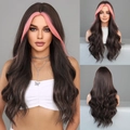 Long wavy wig in dark brown with pink highlights, feminine middle part style - Dark Brown Highlight Pink