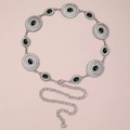 Macro detail of silver sunflower chain belt with black gemstone inlays and lobster clasp - Black