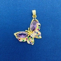 Golden butterfly pendant with large purple gemstone and colorful crystal accents - Large Purple Butterfly Gem Pendant (762)