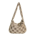 Beige and khaki checkered plush shoulder bag with a soft faux fur texture for women - Checkerboard Tote Bag / Khaki