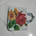 Ethnic style canvas tote bag with floral jacquard sunflower and striped handle - Three Large Flowers