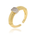 Macro detail of gold textured ring with silver pave zircon square and open band - Adjustable Open / Grain Textured Square Gold(J1519)