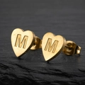 Minimalist heart-shaped gold stainless steel stud earrings with letter M engraving - Letter M / Gold