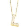 Macro shot of 18K gold letter L pendant featuring micro-pave cubic zirconia on an O-chain - Gold-L