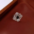 Silver flower ring with rectangular black gemstone and micro-pave cubic zirconia petals - 11# Ring-Silver Black Flower