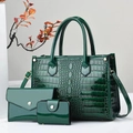 Three-piece dark green crocodile pattern tote bag set with high-shine patent finish - Green