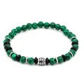 Men's fashion bracelet with green malachite beads and silver spiral metal accents - Malachite Style (B038)