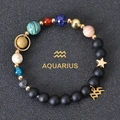 Close-up of Aquarius zodiac charm and colorful planetary beads on matte stone bracelet - Aquarius