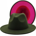 Two-tone wool fedora hat with army green exterior and bright pink underbrim - M(56-58cm) / Army Green Outer Fuchsia Inner