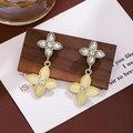 Light luxury gold-finish dangle earrings with white crystal and yellow cat-eye stone - Light Gold Cat Eye Stone Flower