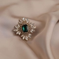 Elegant gold brooch with emerald-cut green stone and marquise crystals on champagne silk - 531# Flower