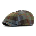 British style plaid newsboy cap in wool blend featuring green and brown tartan pattern - One Size / Army Green