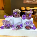 Cinq porte-clés Kuromi à sable mouvant liquide avec breloques violettes sur présentoirs - Style Fermoir Mousqueton / Style de pendentif de dessin animé brillant (Mélange aléatoire)