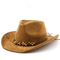 Classic brown faux suede western cowboy hat with wooden bead band on white background - M (56-58cm) / Khaki