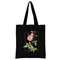 Black canvas tote bag featuring an elegant pink rose botanical print in a green frame - Rose Illustration / Black