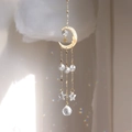 Detail of golden crescent moon wind chime with clear crystal prisms and star pendants - N4-Gold Moon Star-Clear Crystal Balls Set
