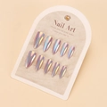 Detailed view of 10-piece holographic laser long stiletto press-on nails on display card - By1721 / Glue Type