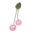 Close-up of pink disco ball cherry ornament with reflective mirror tiles and green leaf - 4cm Pink