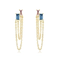 Gold double tassel earrings with blue and pink zircon stones on white background - Blue Purple Zirconia