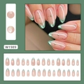 Cat eye starburst french tip press on nails in pale pink and metallic green with 24 pieces - Star Glitter (Glue Style)