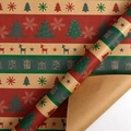 Brown kraft wrapping paper roll with red and green reindeer snowflake patterns - Christmas Tree Type 2 / 43cm x 3m