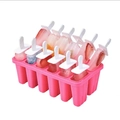 Pink silicone popsicle mold tray with 12 slots and white plastic handles for fruit ice pops - Popsicle Mold 10-Grid Rose Red