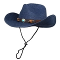 Navy blue woven cowboy straw hat with turquoise leather band and chin strap - M (56-58cm) / Navy Blue
