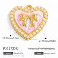 Goldener Herzanhänger mit Marmor-Emaille, Schleife und Perlen für Halsketten - Rosa Weiß Marmor Schleife Perle Herz Stil (PJ91730B)