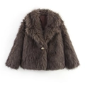 Short brown faux fur jacket for women with wide lapels and a single gold button closure - XS / Dark Brown