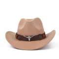 Chapeau de cowboy en feutre camel avec tête de taureau argentée et accents dorés - Camel (Bande en cuir marron)