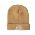 Detail of the white SHIT SHOW SUPERVISOR embroidery on a khaki knitted beanie hat - One Size / Camel