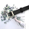 Classic black faux leather skinny belt for women with elegant golden rectangle buckle - Square Gold Buckle / Black
